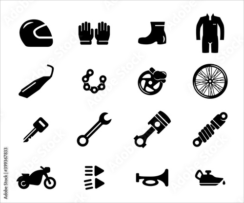 Simple Set of motorcycle workshop Related Vector icon user interface graphic design. Contains such Icons as helmet, glove, shoe, racing suit, chain, exhaust, piston, suspension, shock breaker, brake