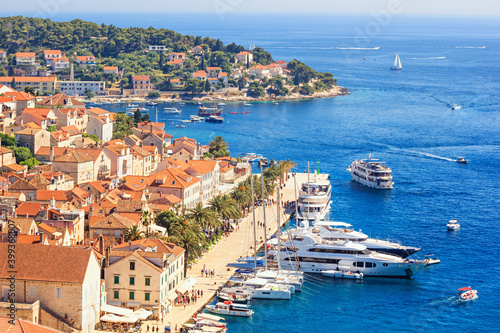 Coastal summer landscape with a top view of the City Harbour of the town of Hvar, on the island of Hvar, the Adriatic coast of Croatia