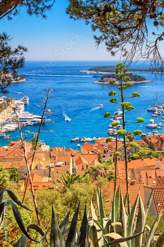 Obraz na płótnie Coastal summer landscape with a top view of the City Harbour of the town of Hvar and Paklinski Islands, the island of Hvar, the Adriatic coast of Croatia w salonie