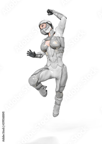 comic woman in a sci fi outfit doing a jump attack