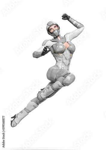 comic woman in a sci fi outfit doing a jump attack side view