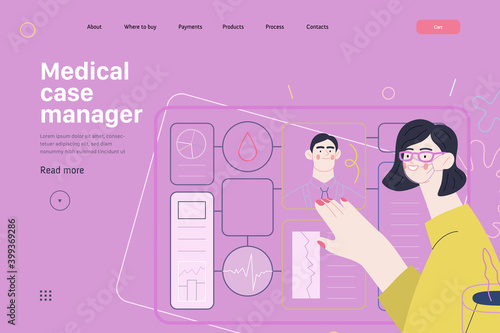 Medical insurance template -medical case manager -modern flat vector concept digital illustration of a manager reordering the medical procedures and diagnosiss, process metaphor, medical insurance