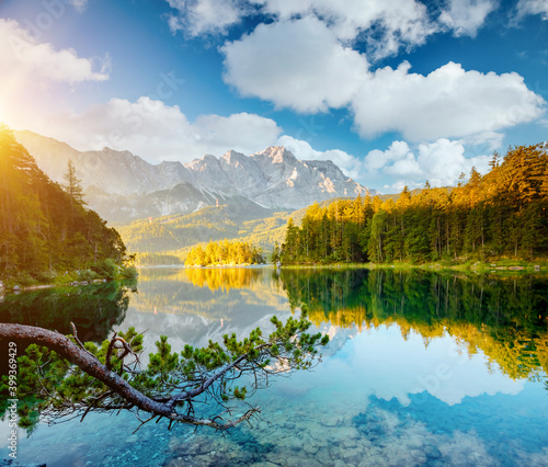 Splendid view and azure water Eibsee lake. Location place Bavarian alp  Europe.