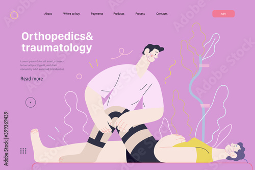 Medical insurance - orthopedic and traumathology -modern flat vector concept digital illustration - an orthopaedist attaching the orthosis to a lying female patient, medical office or laboratory