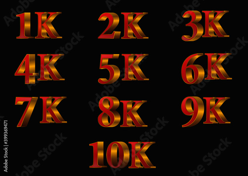 Set of volumetric shiny numbers and percent sign. 3D vector, 3D golden numbers, thousands of followers