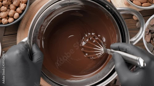 Confectioner stirring melted dark chocolate in a bowl, top view, close-up. Liquid hot chocolate. Confectionery preparation. Melted chocolate preparation