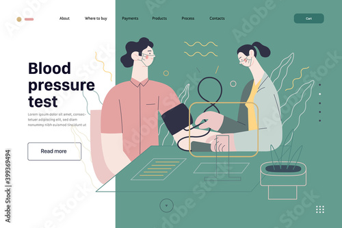 Medical tests template - blood pressure test - modern flat vector concept digital illustration of blood pressure measurement procedure - a patient and doctor with a meter, medical office or laboratory
