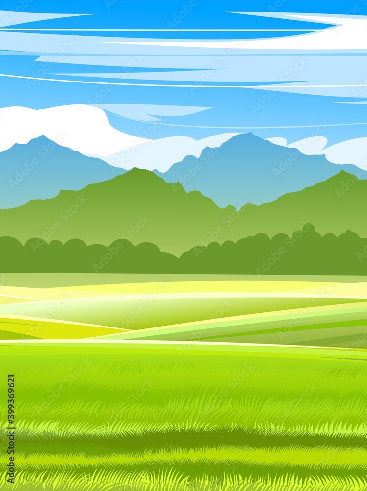 Obraz premium Beautiful rural landscape. Hilly meadows and pastures. Summer green scenery. Blue sky with clouds. Flat style. Vector