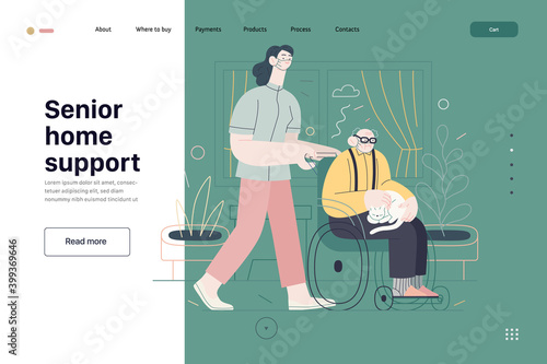 Medical insurance - senior home support - modern flat vector concept digital illustration -a nurse rolling a wheel chair with a senior patient at his home. Home medical service, part of insurance plan