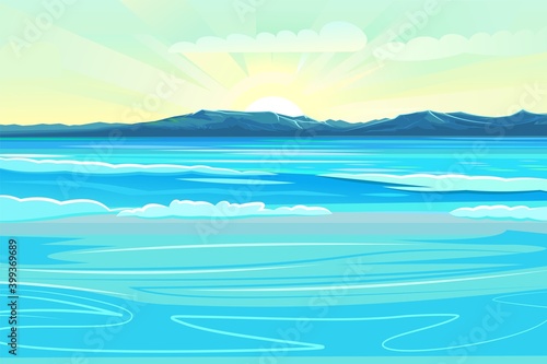 Sea. Flat style illustration. On the horizon there is a rocky coast with mountains. Sunrise with rays and clouds. Cartoon. Vector,