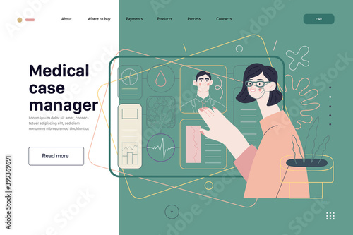 Medical insurance template -medical case manager -modern flat vector concept digital illustration of a manager reordering the medical procedures and diagnosiss, process metaphor, medical insurance