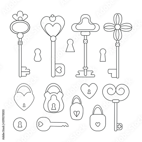 Collection set of vintage decorative skeleton keys and locks vector illustration. Black outline icon isolated on white background. Romantic, love, Valentines day concept