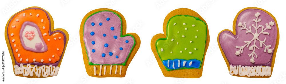 Gingerbread glaze cookie of lilac glove with snowflake, isolated on white background. Traditional Christmas food. Christmas and New Year holiday concept..Hand painted. Comfort food. Christmas treat. Gingerbread glaze cookie of lilac glove with snowflake, isolated on white background. Traditional Christmas food. Christmas and New Year holiday concept..Hand painted. Comfort food. Christmas treat.
