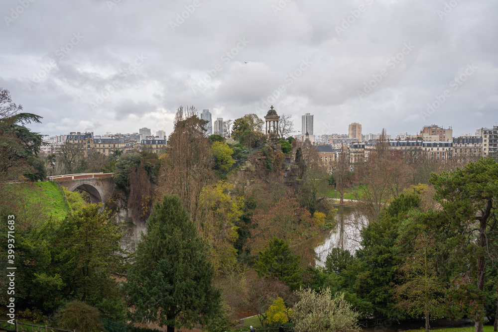 Paris, France - 12 12 2020: View of the Villette district and the Temple of the Sibyl from the top of the park