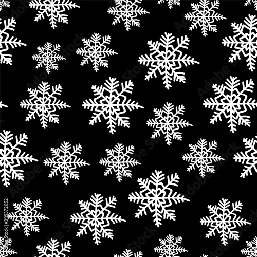Vector seamless pattern, minimalist white invers snowflake on white background, simple pattern, different sizes, black background.