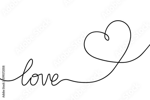 Heart continuous line drawing. Single hand drawn contour heart with word love for romance design, wedding celebration. Shape one heart lineart. Heart fashion icon isolated on white background. Vector