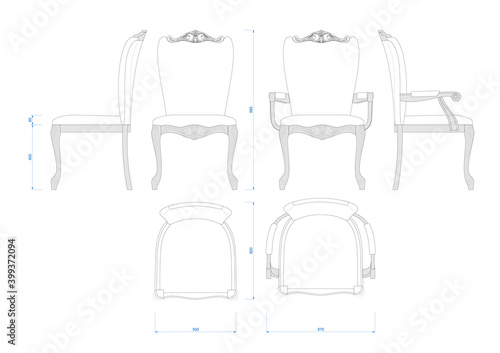 Set of classic chairs with soft seat and armrests