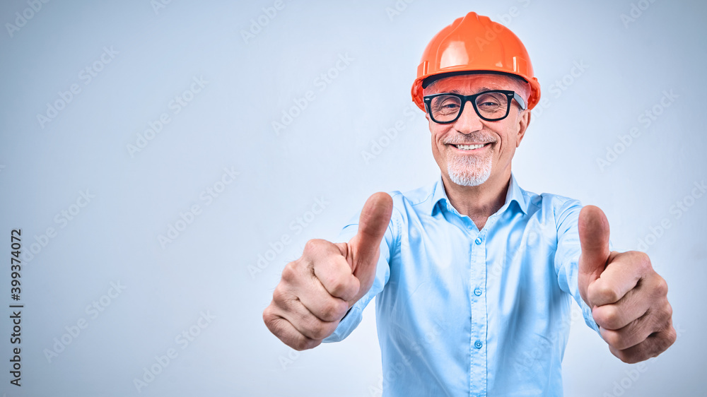 Happy professional foreman with glasses and hardhat Happy professional foreman with glasses and hardhat