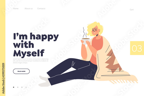 Happy with myself concept of landing page with woman alone at home drinking hot tea