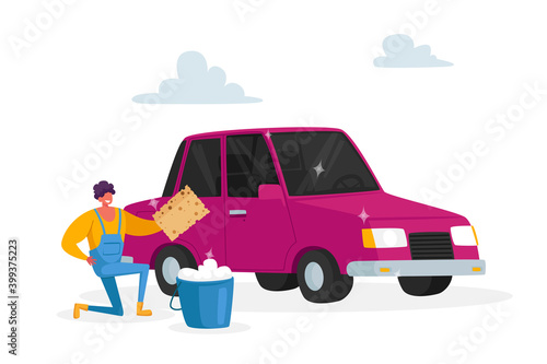 Cleaning Company Employee Working Process, Man Cleaning Vehicle. Car Wash Service on Auto Station Concept