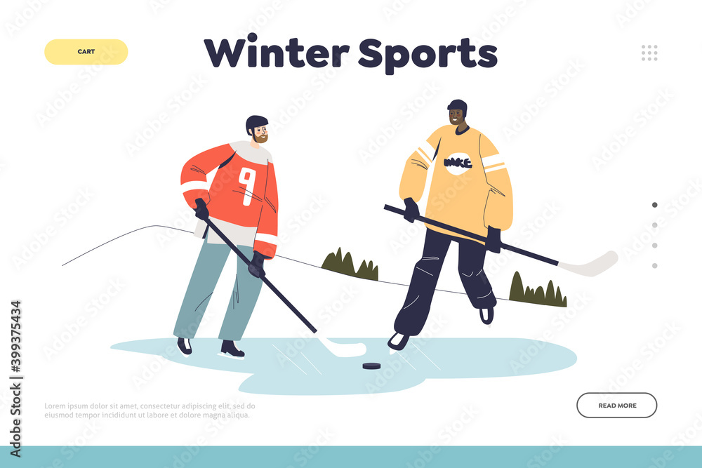 Winter sports landing page concept with two men in sport uniform play hockey