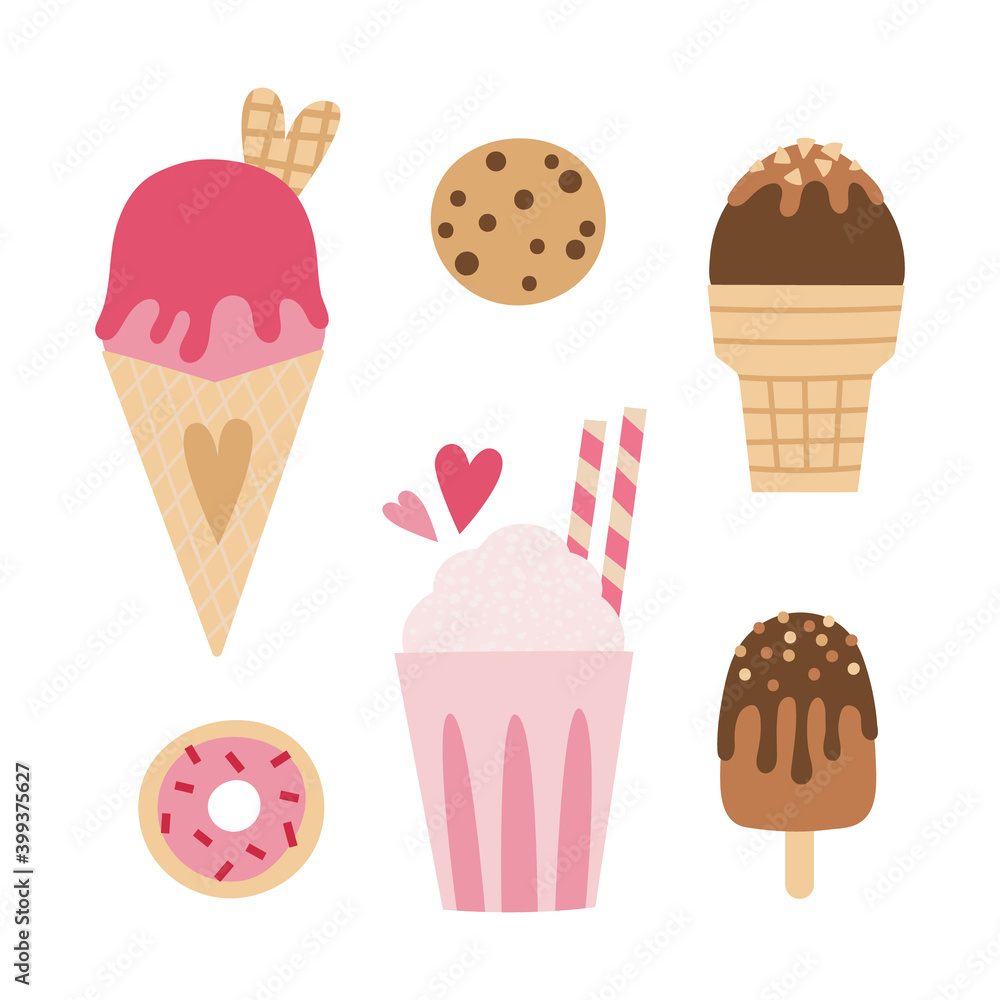 Vector set of sweet desserts - milk shake, ice cream cones, eskimo pie popsicle, cookie and donut. Elements for Valentine's day greeting cards design. Vector set of sweet desserts - milk shake, ice cream cones, eskimo pie popsicle, cookie and donut. Elements for Valentine's day greeting cards design.