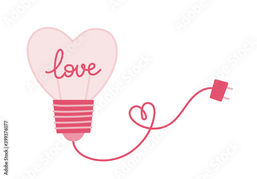 Vector heart shaped pastel pink lamp bulb. Lamp with electric wire and plug. Valentine's day vector illustration.