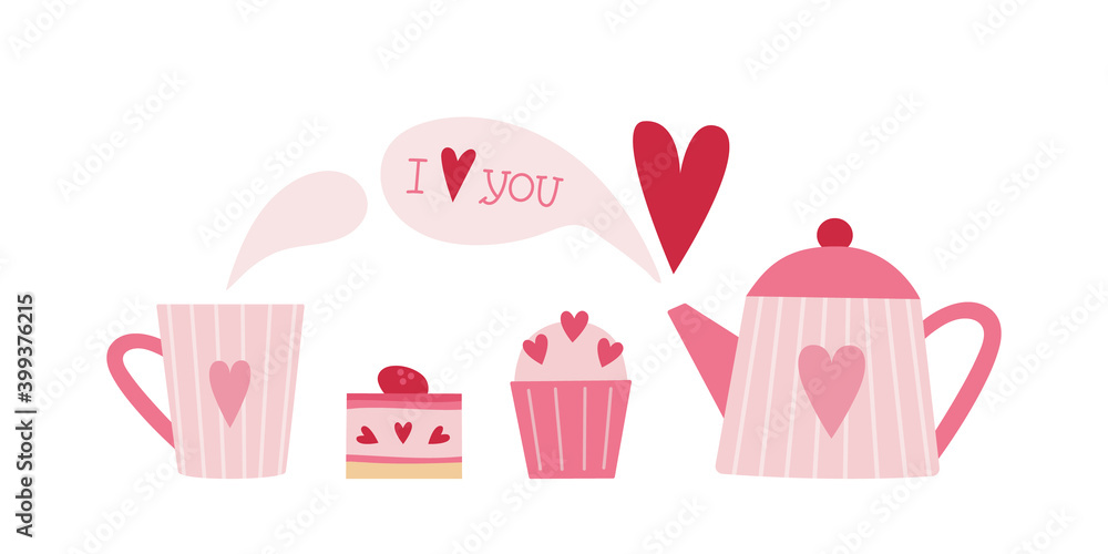 Side view of pink tea pot with mug and sweets - cupcake and dessert. I love you text in a talk cloud. Red heart appears from the tea pot. Valentine's day vector illustration.