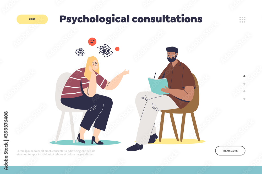 Psychological consultations landing page concept with female patient on visit to psychologist