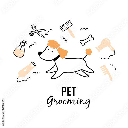 Cute puppy dog pet grooming. Cartoon dog character illustration for animal hair grooming salon logo, banner design. Pet care concept.