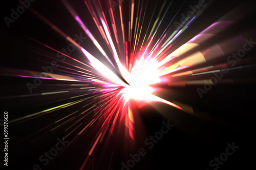 Futuristic lens flare. Light explosion star with glowing particles and lines. Beautiful abstract rays background.
