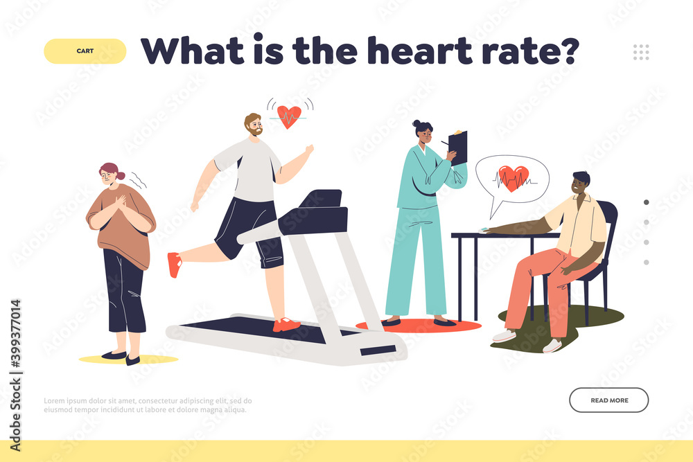 Heart beat landing page concept with people measuring pulse and having pain in heart