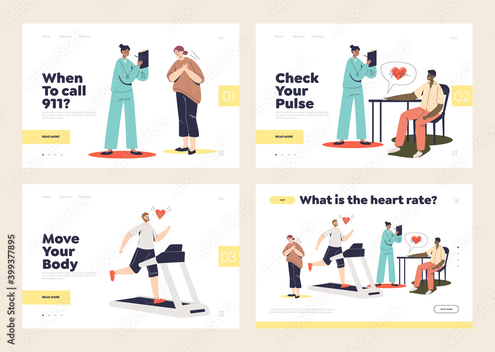 Set of landing pages with heart rate, heart diseases, attack and heartbeat concept Set of landing pages with heart rate, heart diseases, attack and heartbeat concept