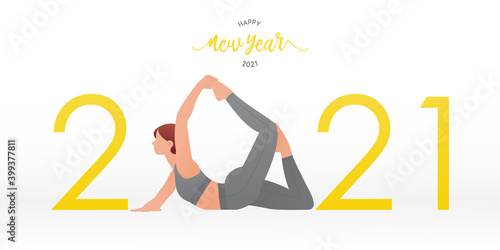 Happy New Year 2021 banner with yoga poses or asana posture. Year of good health. Banner design template for New Year 2021 decoration in Yoga Concept. Vector