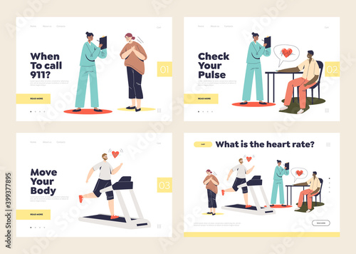 Set of landing pages with heart rate, heart diseases, attack and heartbeat concept