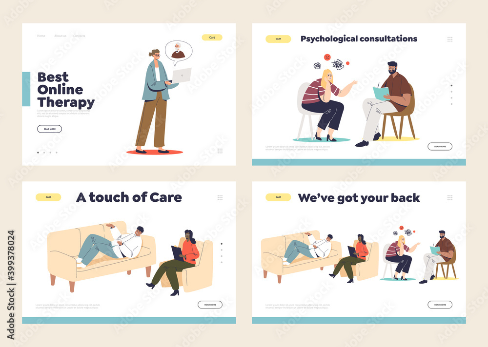 Set of landing pages with psychologist consultation concept, psychotherapist listening to patients