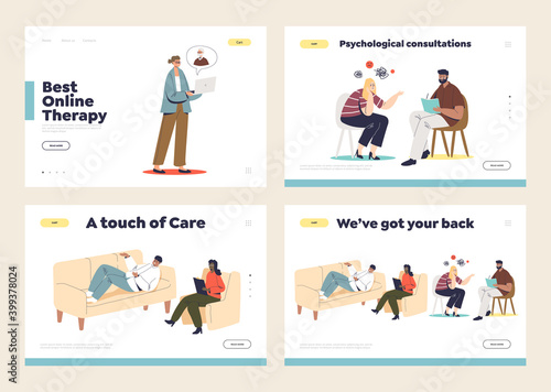 Set of landing pages with psychologist consultation concept, psychotherapist listening to patients © Iryna Petrenko
