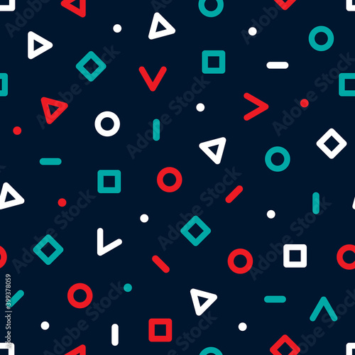 Memphis seamless pattern. Abstract geometric background. Multicolored geo design for every day prints. Modern hipster graphic neo circle, line, square, triangle. Fashion colorful element shape. Vector