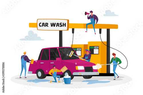Car Wash Service Concept. Workers Characters Wearing Uniform Lathering Automobile with Sponge and Pouring with Water