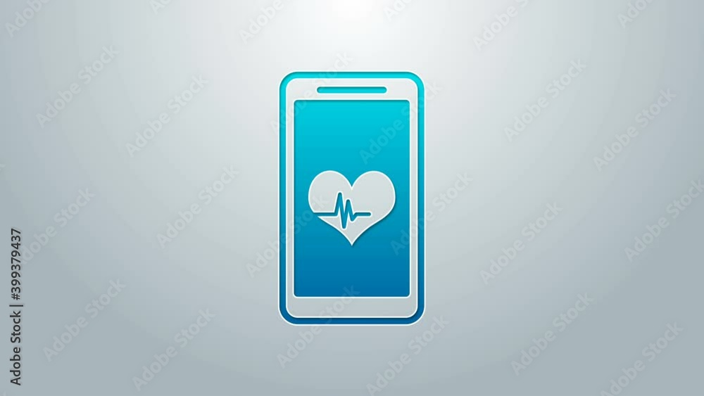 Blue line Smartphone with heart rate monitor function icon isolated on grey background. 4K Video motion graphic animation Blue line Smartphone with heart rate monitor function icon isolated on grey background. 4K Video motion graphic animation