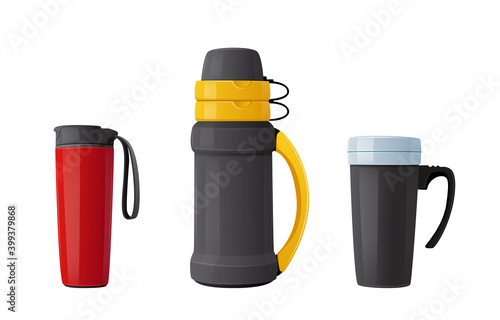 Set of Thermo Mugs, Vacuum Flask Tumblers or Bottles for Drink Keep Hot. Metal Bottled Containers or Aluminum Cups