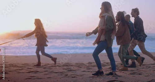Group of friends walking dog on the beach at sunset