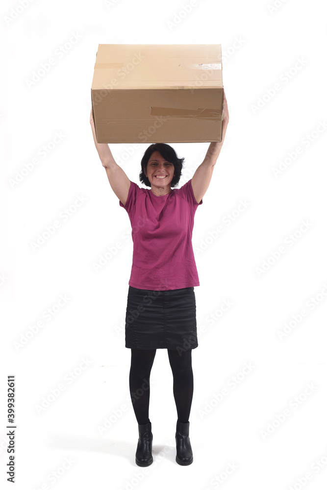 happy woman lifting a package on white background happy woman lifting a package on white background