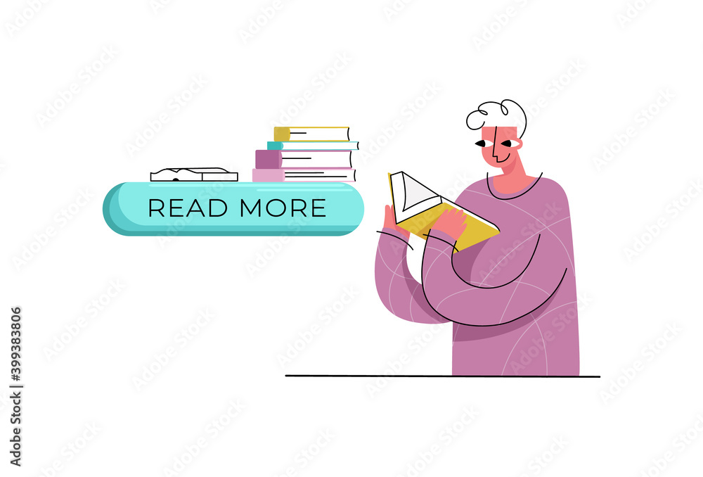 Vector flat illustration CTA button layout with inscription ,read more, Man is depicted reading books. It can be used in web design when working with CRO. Vector flat illustration CTA button layout with inscription ,read more, Man is depicted reading books. It can be used in web design when working with CRO.