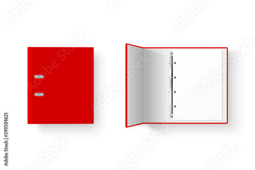 Vector 3d Closed and Opened Realistic Red Blank, Empty Office Binder Set with Metal Rings for A4 Paper Sheet Closeup Isolated on White Background. Design Template, Mockup, Top View