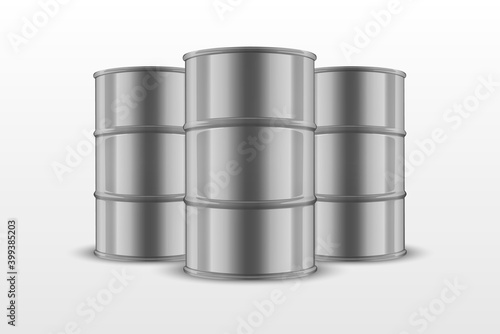 Vector 3d Realistic Illustration. Gray Steel Simple Three Glossy Metal Oil, Fuel, Gasoline Enamel Barrel Set Closeup Isolated on White Background. Design Template of Packaging for Mockup. Front View