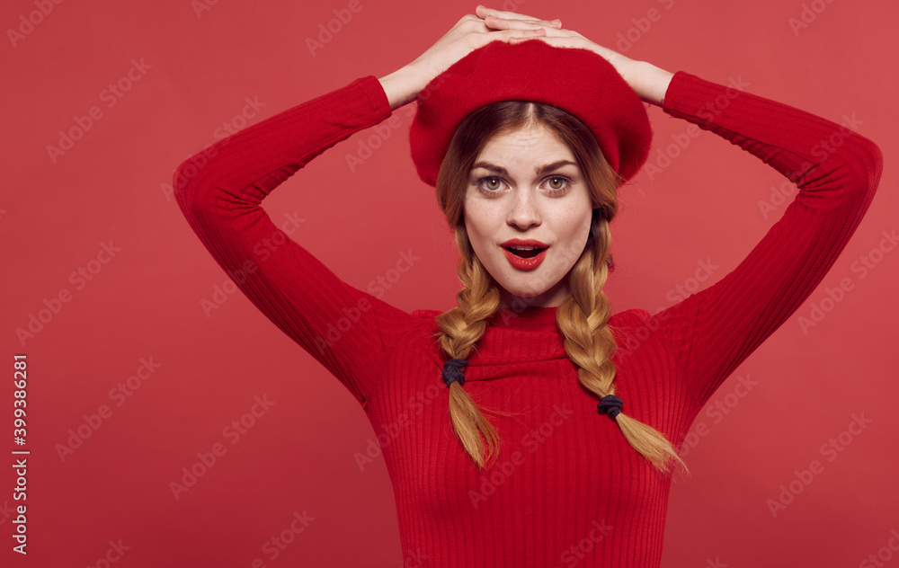 pretty woman with pigtails red dress attractive look isolated background pretty woman with pigtails red dress attractive look isolated background