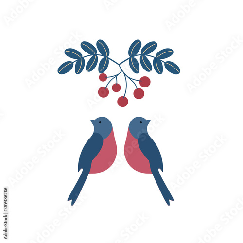 Bullfinches and bunches of mountain ash. Vector illustration.