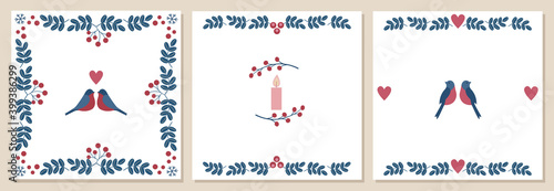 Set of cards for Valentine's Day. Bullfinches, bunches of mountain ash, snowflakes, candle, hearts.