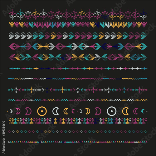 Color ethnic line ornaments. Tribal geometric design, aztec style, native americans texile. Vector elements for brushes, textures, patterns.